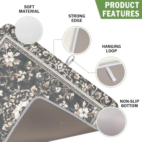 Boho Floral Dish Drying Mat Grey Leaves Dishes Drainer Pad 16x18 Inch Microfiber Absorbent Kitchen Dry Rack Mat for Counter Tableware Decor