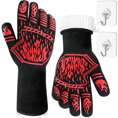 BBQ Gloves 1472F Heat Resistant Anti Slip Long with 2 Hooks (2 Count)