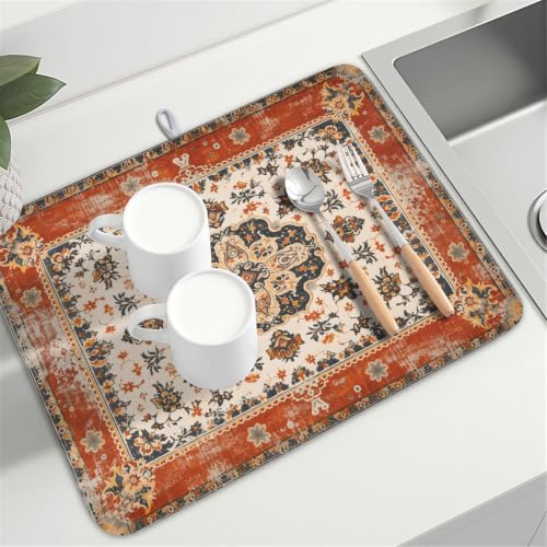 Ethnic Boho Dish Drying Mat Rust Coral Floral Decorative Dishes Pad 18x24 Inch Absorbent Fast Dry Drainer Rack Mats for Kitchen Countertop
