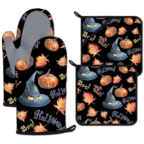 Halloween Pumpkin Autumn Maple Leave Oven Mitts and Pot Holders Sets Heat Resistant 4Pcs Potholders Oven Gloves Hot Pads for Kitchen Baking Cooking Grilling BBQ (4 Count)