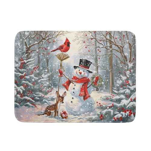 Winter Snowman Dish Drying Mat for Kitchen Counter Red Bird Berry Dishes Drainer Mats Holiday Microfiber Absorbent Dish Rack Pad 18x24 Inch