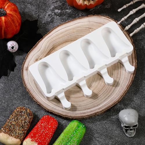 Halloween Ghost Shaped Mold Large 4 Cavity Reusable Silicone Cakesicle Cake Pop Ice Cream Mold for Halloween Adults Homemade Ice Cream Chocolate Candy DIY Trick Dessert Decorating