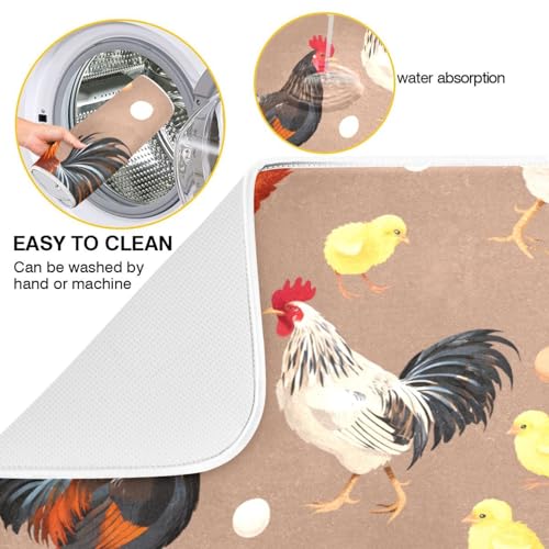 Colorful Hens Roosters Dish Drying Mat for Kitchen Counter Absorbent Microfiber Drying Pad
