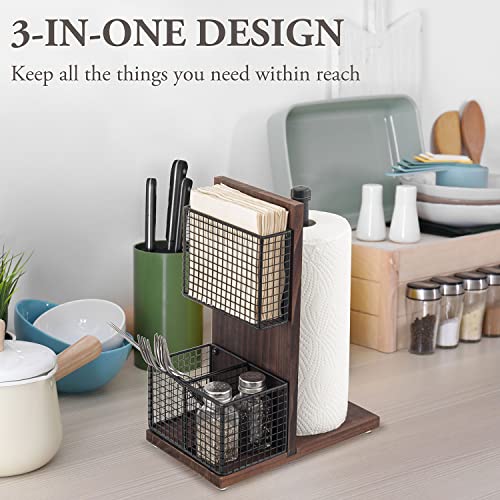 3-in-1 Kitchen Organizer with Paper Towel Holder, Napkin Holder & Spice Rack - Rustic Wood & Industrial Metal Pipe Caddy for Farmhouse Dining Table