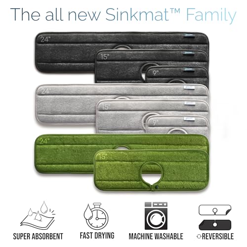 Original SINKMAT 15in Faucet Splash Guard Extra Long Microfiber Sink Drip Catcher Mat Non Slip Countertop Protector Drying Pad Kitchen Bathroom RV Machine Washable [Moss Green]