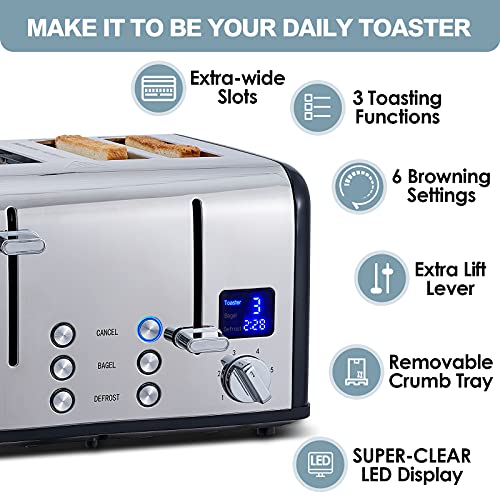 4 Slice Stainless Steel Toaster with Digital Display
