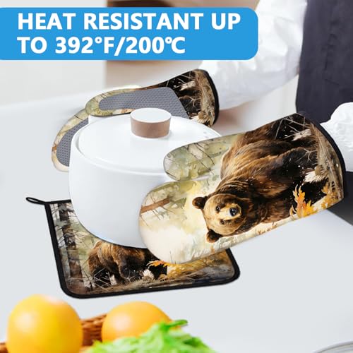 Watercolor Brown Bear Oven Mitts and Pot Holders Sets Heat Resistant 4Pcs Autumn Forest Animal Potholders Oven Gloves Hot Pads for Kitchen Baking Cooking Grilling BBQ (4 Count)
