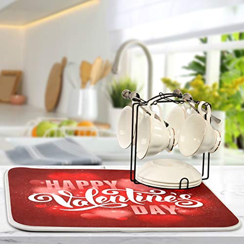 Happy Valentine's Day Bling Light Red Hearts Dish Drying Mat for Kitchen Counter Absorbent Microfiber Large Drying Pad Dish mats for Kitchen Countertops 18 x 24 Inch