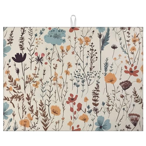Vintage Floral Dish Drying Mat for Kitchen Counter Microfiber Absorbent Dish Kitchen Drying Mat Draining Reusable Washable for Dishes