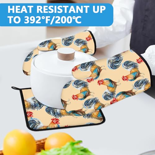 Watercolor Rooster Oven Mitts and Pot Holders Sets Heat Resistant 4Pcs Potholders Oven Gloves Hot Pads for Kitchen Baking Cooking Grilling BBQ (4 Count)