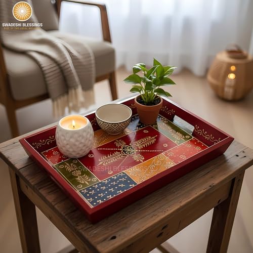 Hand Painted Wooden Serving Tray Set of 3