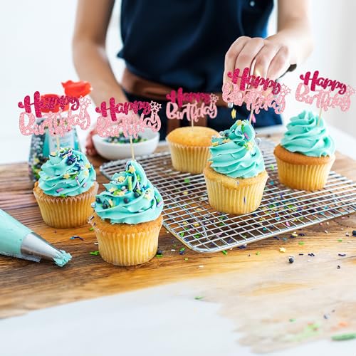 24Pcs Happy Birthday Cupcake Toppers Double Layer Glitter Happy Birthday Cake Decorations for Celebrating Baby Shower Theme Kids Boys Girls Birthday Anniversary Party Supplies Rose Red Pink (24 Count)