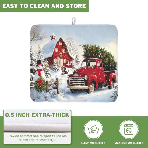 Red Truck Dish Drying Mat Winter Xmas Tree Drainer Rack Pad 16"x18" Microfiber Absorbent Quick Dry Dish Sink Mat for Table Kitchen Counter