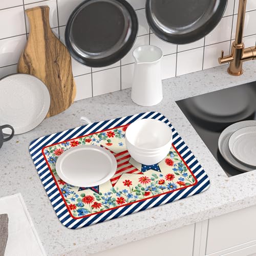 Patriotic Stars Dish Drying Mat for Kitchen Counter 4th of July Holiday Absorbent Reversible Microfiber Dish Pad Small