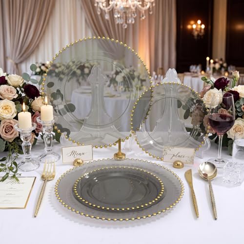 100pcs Elegant Clear Black Plastic Plates with Gold Beads for Gala (100 Count)