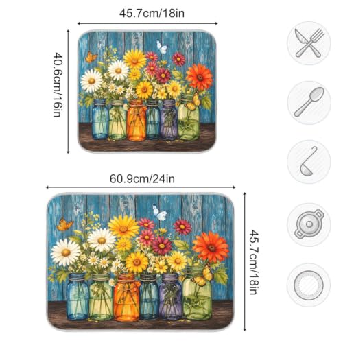 Daisy Flowers Vases Butterfly Dish Drying Mat for Kitchen Counter Absorbent Microfiber Drying Pad