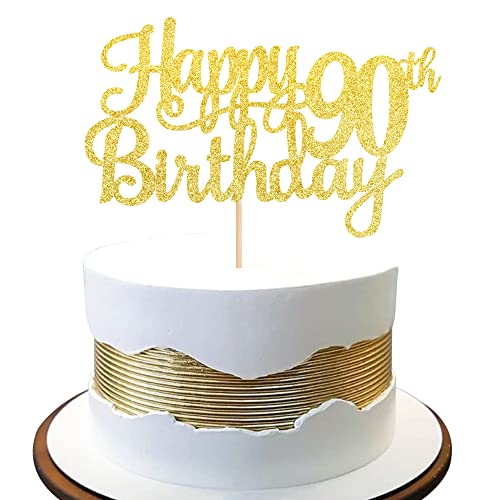 1 PCS Happy 90th Birthday Cake Topper Gold Glitter Cheers to 90 Years Birthday Cake Pick 90 Fabulous Cake Decoration for Happy 90th Birthday Theme Party Decorations Supplies