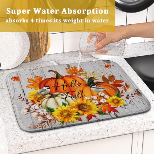 Hello Fall Dish Drying Mat for Kitchen Counter 16x18 Inch Orange Pumpkin Absorbent Drying Pad with Hanging Loop Autumn Home Decoration