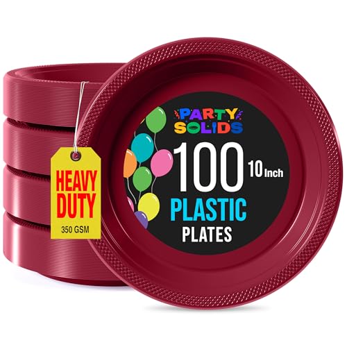 Sturdy Burgundy Plastic Plates 10" Party Plates 100 Pcs (100 Count)