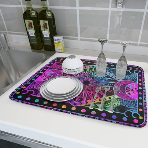 Purple Absorbent Dish Drying Mat Sun and Moon Microfiber Drying Pad for Kitchen Counter Decor Large