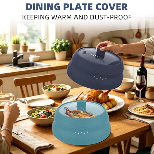 Tall Microwave Splatter Cover Glass Cover Guard Lid 5.8 inch Height with Collapsible Silicone for Food Pot Plate 10.8 inch Dark Blue
