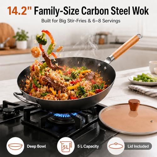 14.2" Carbon Steel Wok with Lid