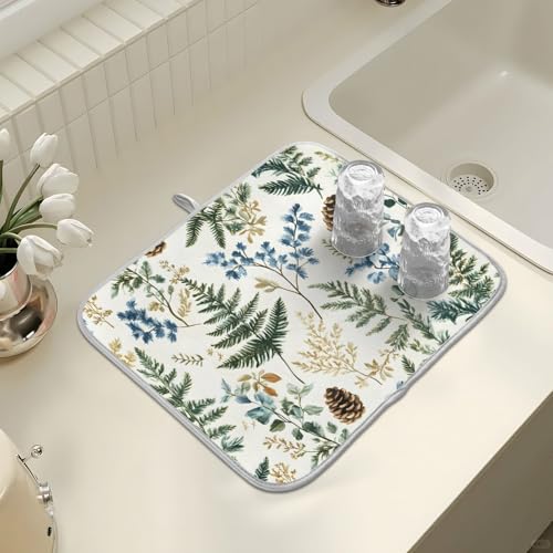 Vintage Herbs Fern Leaves Floral Plant02 Dish Drying Mat for Kitchen Counter Absorbent Microfiber Small Drying Pad Dish Mats for Kitchen Countertops 16 x 18 Inch