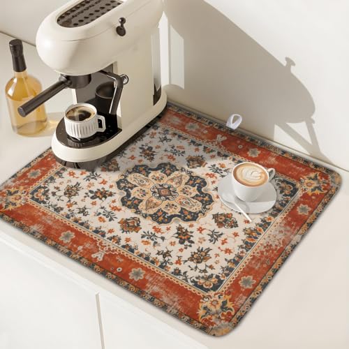 Ethnic Boho Dish Drying Mat Rust Coral Floral Decorative Dishes Pad 16x18 Inch Absorbent Fast Dry Drainer Rack Mats for Kitchen Countertop