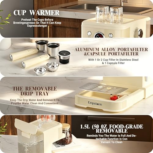 04E 20 Bar Espresso Machine with Milk Frother Steam 1100W White