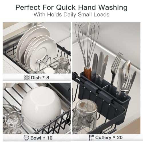 Grey Expandable Dish Drying Rack Over Sink with Extra Drying Mat