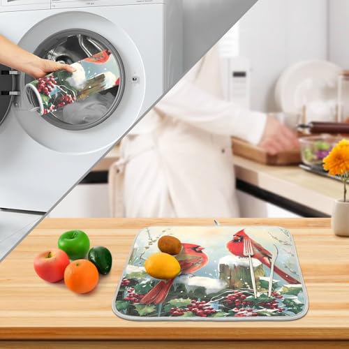 Winter Birds Snowflakes Berry Dish Drying Mat for Kitchen Counter Absorbent Microfiber Small Christmas Drying Pad Dish Mats for Kitchen Countertops 16 x 18 Inch