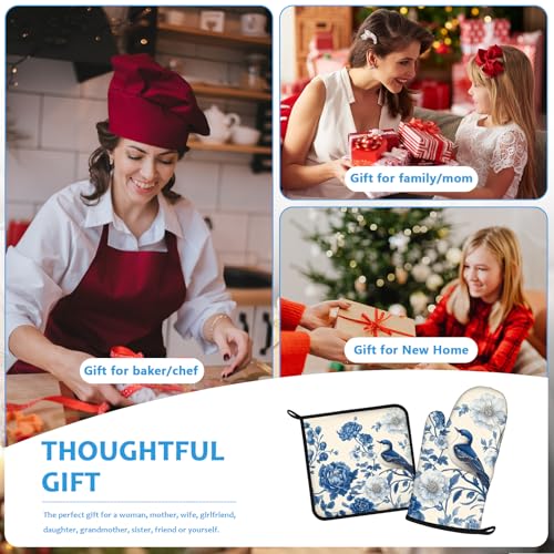 Blue Bird Blooming Flower Oven Mitts and Pot Holders Sets Heat Resistant 4Pcs Potholders Oven Gloves Hot Pads for Kitchen Baking Cooking Grilling BBQ (4 Count)