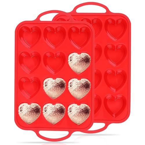 12 Cup Heart Shaped Silicone Muffin Pan for Baking with Metal Frame