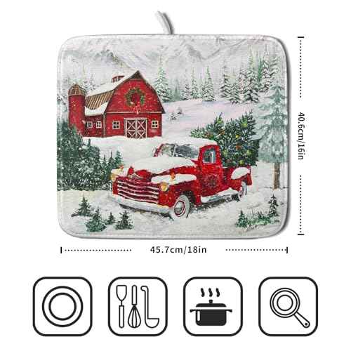 Winter Red Truck Dish Drying Mat Christmas Tree Dishes Pad 16x18 Inch Dish Drainer Rack Mats Absorbent Fast Dry Kitchen Holiday Accessories