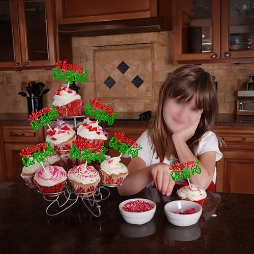 24Pcs Happy Birthday Cupcake Toppers Double Layer Glitter Happy Birthday Cake Decorations for Christmas Theme Baby Shower Anniversary Party Decorations Supplies Red Green (24 Count)