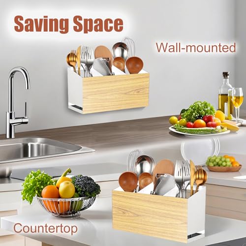 Utensil Holder Large Iron Flatware Container with 3 Compartments Countertop Wall