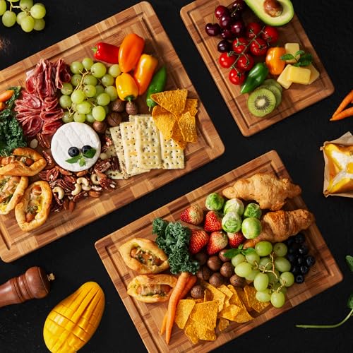 3 Pack Heavy Duty Bamboo Cutting Board Set Non Toxic Wooden Cutting Board for Kitchen Non Slip Solid End Grain Thick Wood Juice Groove Chopping Board Extra Large Butcher Block Best House Warming Gift (3 Count)