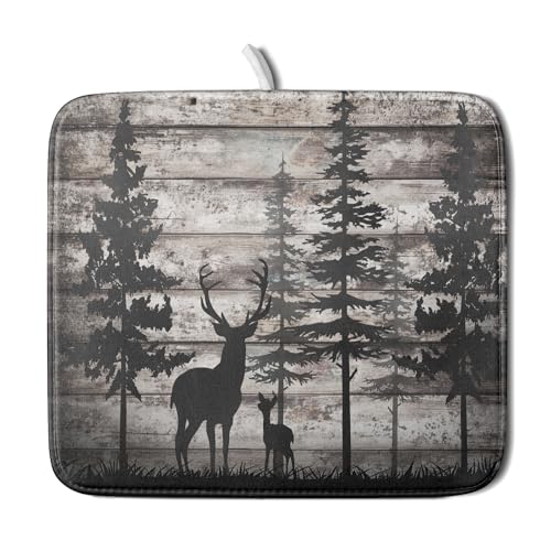 Forest Deer Dish Drying Mat Wildlife Animal Decorative Microfiber Dishes Pad 16x18 Inch Absorbent Reversible Kitchen Counter Drainer Mats