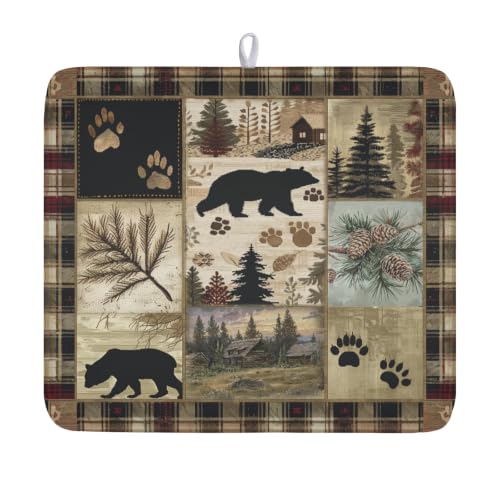 Black Bear Dish Drying Mat Forest Cabin Decorative Dishes Pad 16x18 Inch Absorbent Fast Dry Dish Drainer Rack Mats for Kitchen Counter Sink