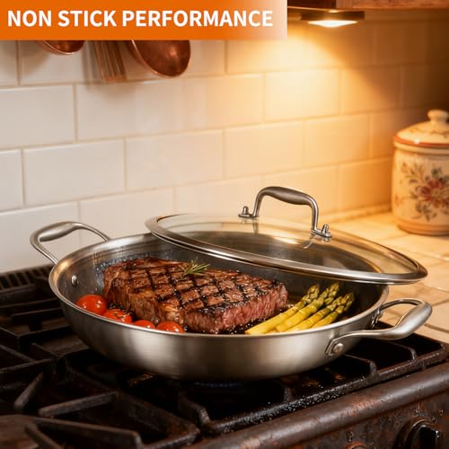 12 Inch Stainless Steel Nonstick Wok Pan with Lid 5Qt Pot