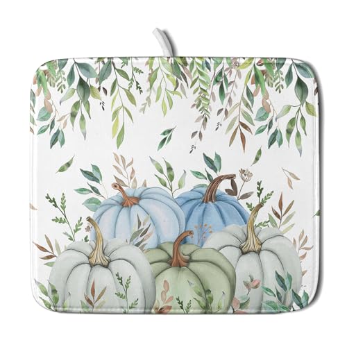 Fall Blue Pumpkin Dish Drying Mat Autumn Harvest Dishes Pad 16"x18" Microfiber Quick Dry Dish Drainer Rack Mats Kitchen Counter Accessories