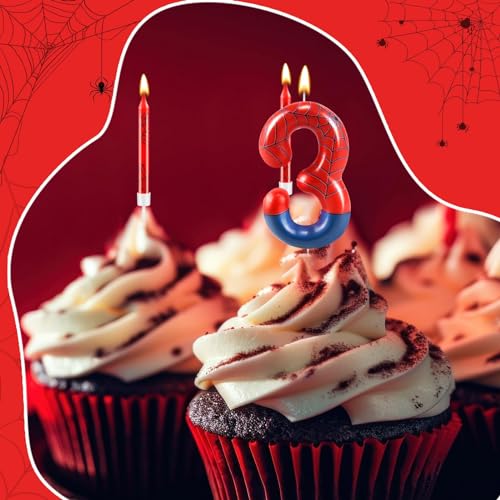 13 Pcs Spider Themed Birthday Candle Set Red Spider Theme Number 3 Candle Cake Topper for Boys Girls Birthday Decoration Spider Party Decoration Supplies (13 Count)