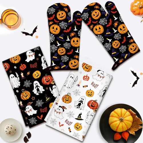 Halloween Pumpkin Kitchen Towels and Oven Mitts Set (4 Count)