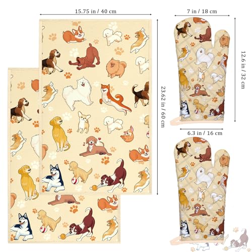 Cute Dogs Kitchen Towels and Oven Mitts Set 4Pcs (4 Count)
