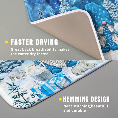 Winter Blue Gnome Dish Drying Mat for Kitchen Counter Pine Tree Microfiber Dish Pad Absorbent Reversible Fast Dry Draining Mats 16x18 Inch