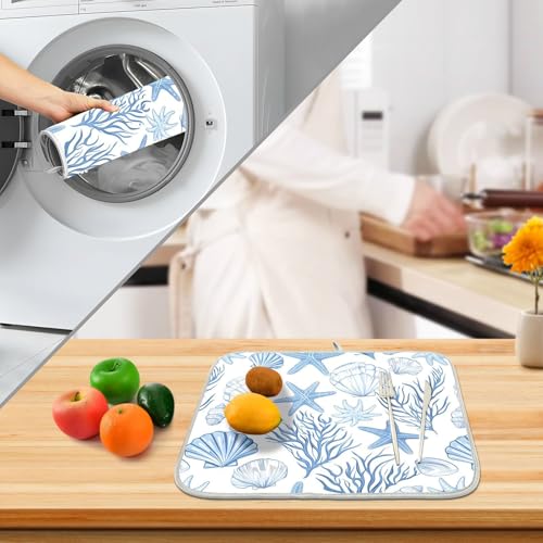 Nautical Coastal Dish Drying Mat for Kitchen Counter Absorbent Microfiber Large Summer Ocean Themed Seashell Coral Starfish Drying Pad Dish Mats for Kitchen Countertops 18 x 24 Inch