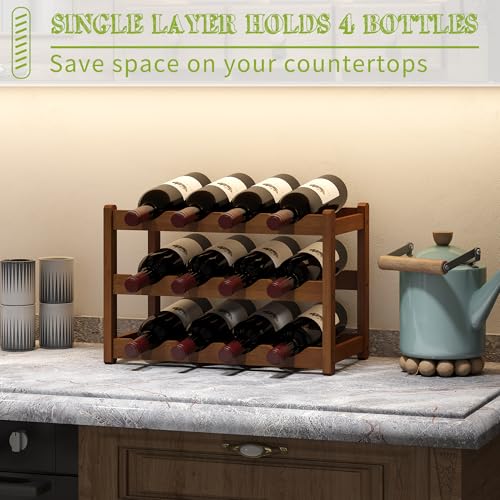 Bamboo Wine Rack Wine Storage Cabinet Shelf 12 Bottle Wine Racks Countertop Sturdy for Kitchen Dining Room Pantry