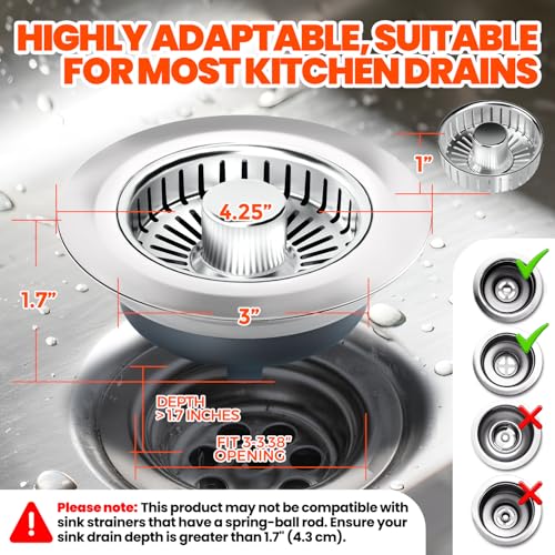 3 in 1 Kitchen Sink Drain Strainer and Stopper Brushed Silver (2 Count)