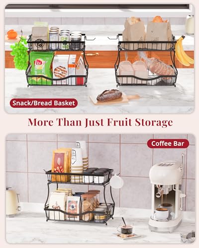 Large 2 Tier Fruit Basket for Kitchen Counter with 2 Banana Hangers