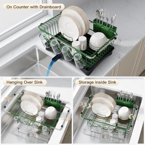 Green Dish Drying Rack in Sink with Drainboard and Utensil Holder